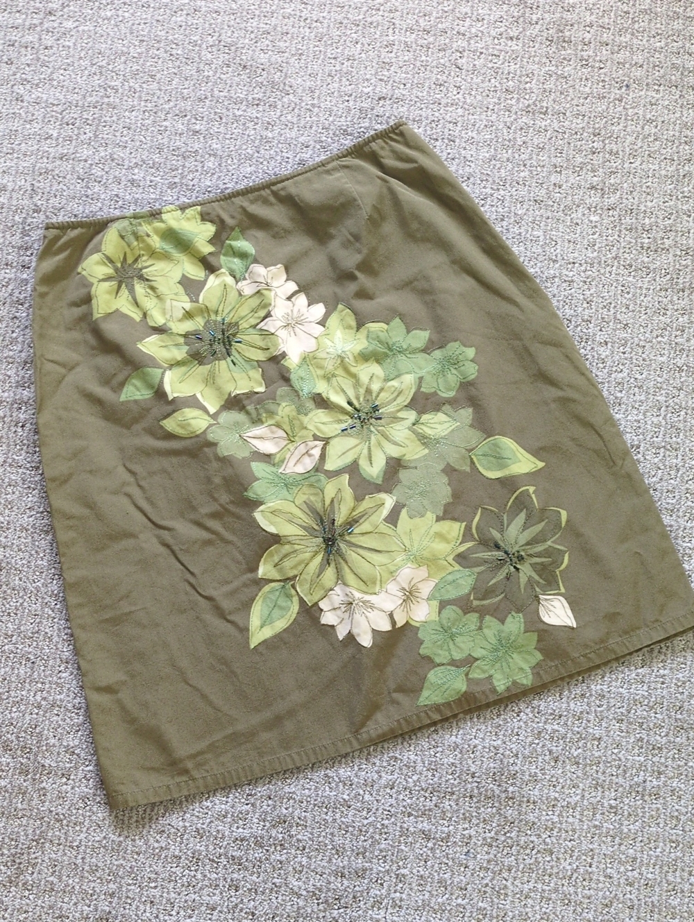ADORABLE Vtg Y2K Liz Claiborne Olive Green Beaded Floral Cotton Skirt, Size 12